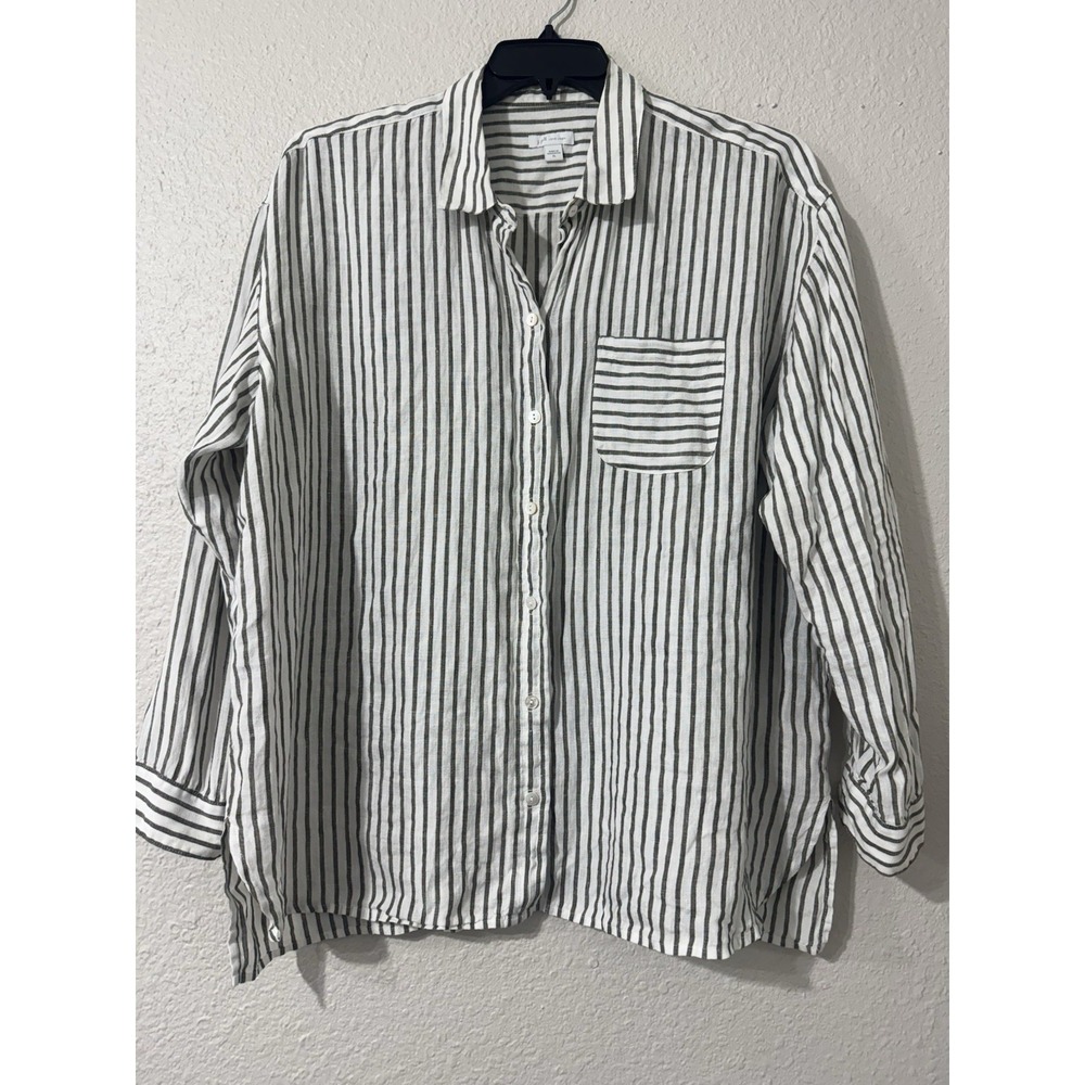 J Jill Love Linen Striped Button Down Xl Summer Beach Natural Lagenlook White